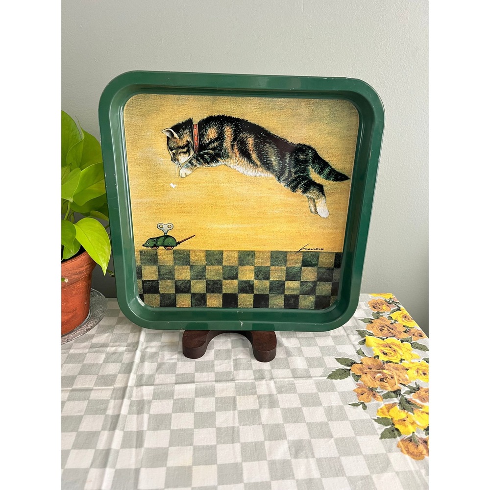 Vintage 1983 Lowell Herrero Vandor Metal Cat Tray Calico Mouse Green Square 14in